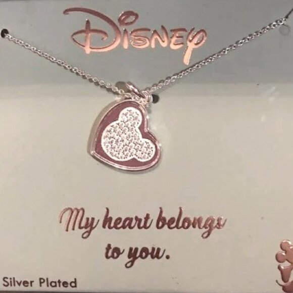 Disney Jewelry - DISNEY MICKEY MOUSE SILVER HEART PAVE CLEAR CRYSTALS NECKLACE**NEW!